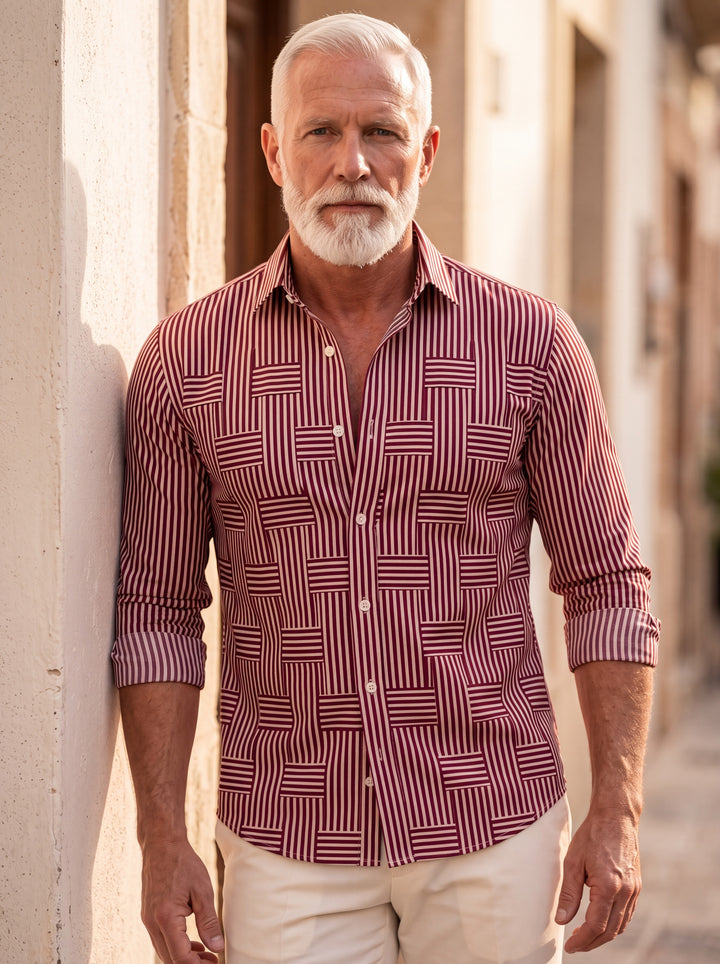 Chadwick shirt in Burgundy, worn by a model in a Mediterranean setting - Gentlemens Manor lifestyle