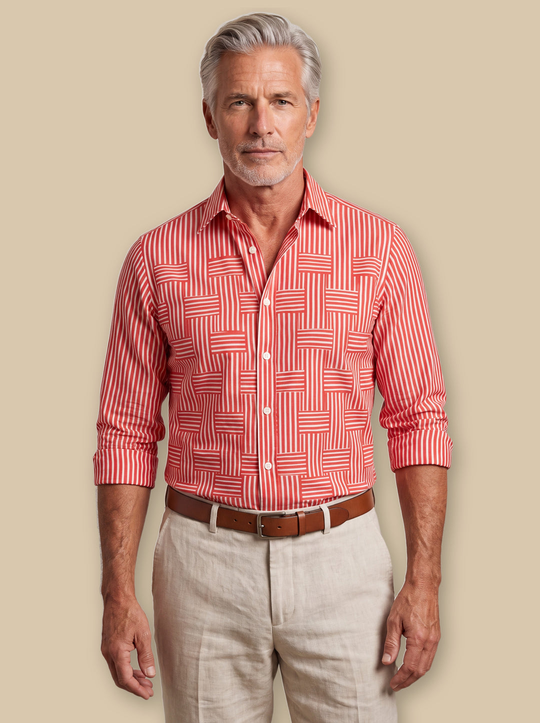 Chadwick casual shirt in Red, worn by a model on a warm sand studio background - Gentlemens Manor