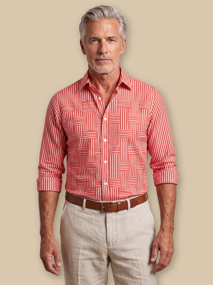 Chadwick casual shirt in Red, worn by a model on a warm sand studio background - Gentlemens Manor