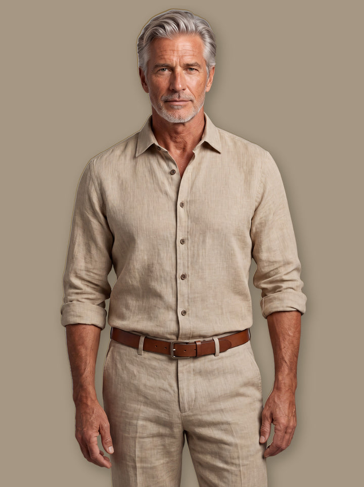 Chance casual shirt in Sand, worn by a model on a warm taupe studio background - Gentlemens Manor