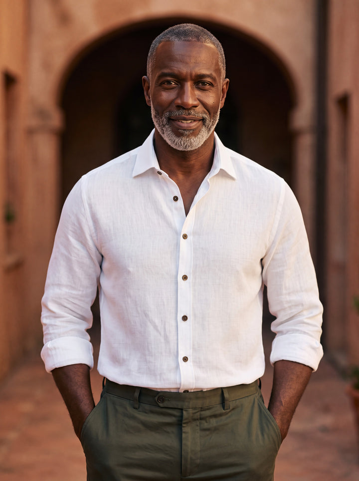Chance shirt in White, worn by a model in a Mediterranean setting - Gentlemens Manor lifestyle