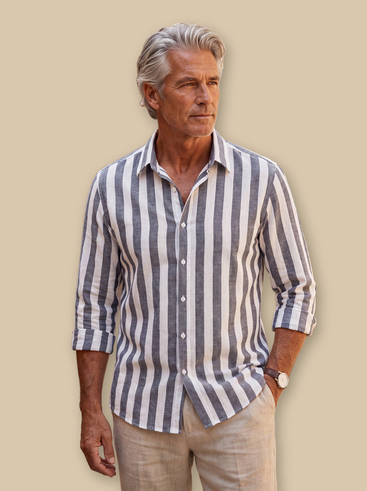 Chandler linen shirt in Charcoal, studio - Gentlemens Manor