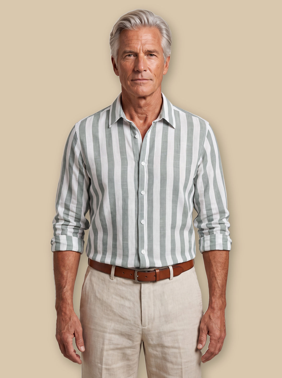 Chandler linen shirt in Charcoal, worn by a model on a warm sand studio background - Gentlemens Manor