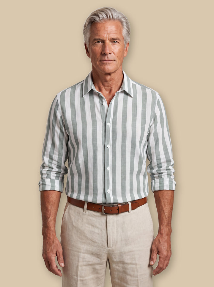 Chandler linen shirt in Charcoal, worn by a model on a warm sand studio background - Gentlemens Manor
