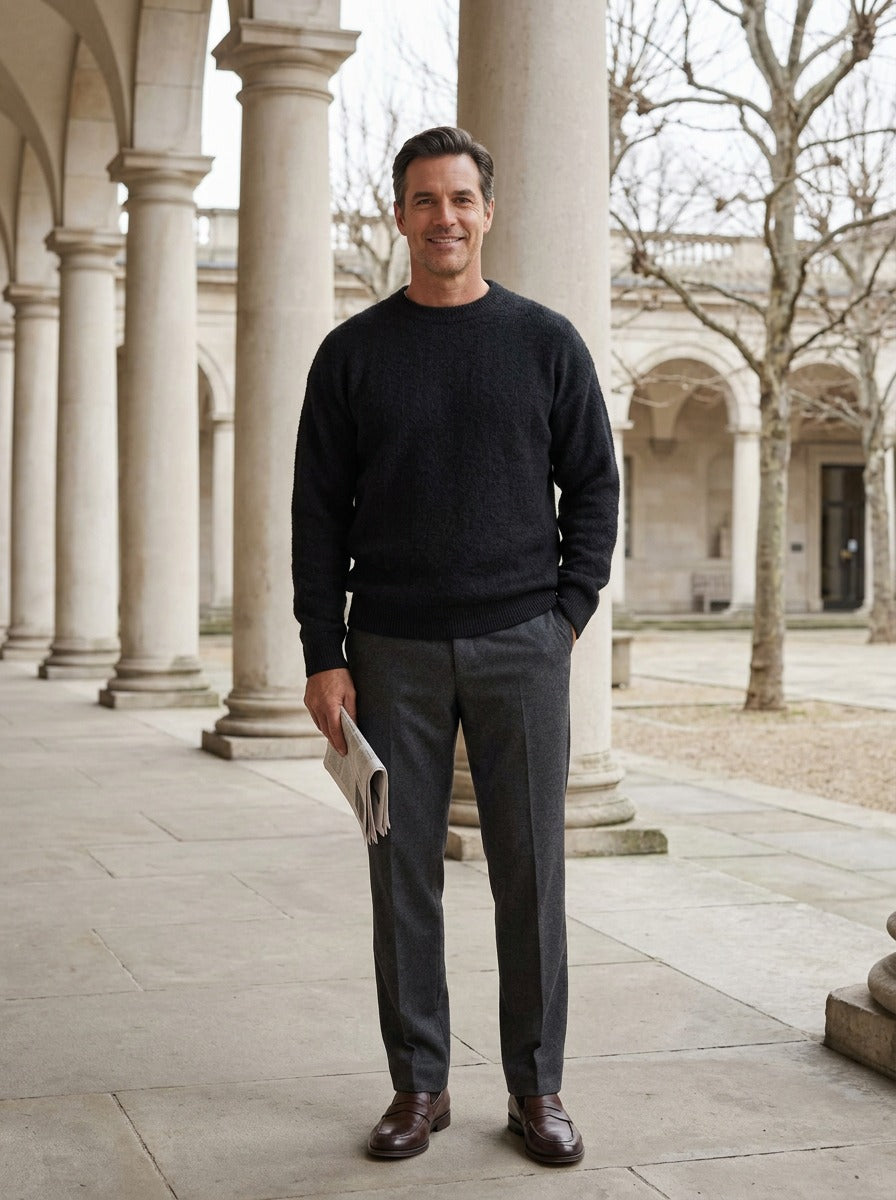 Channing sweater in Black, lifestyle in a stone colonnade, Gentlemens Manor