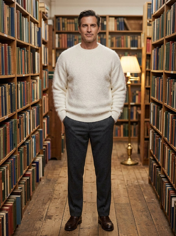 Channing sweater in White, lifestyle in a secondhand bookshop, Gentlemens Manor