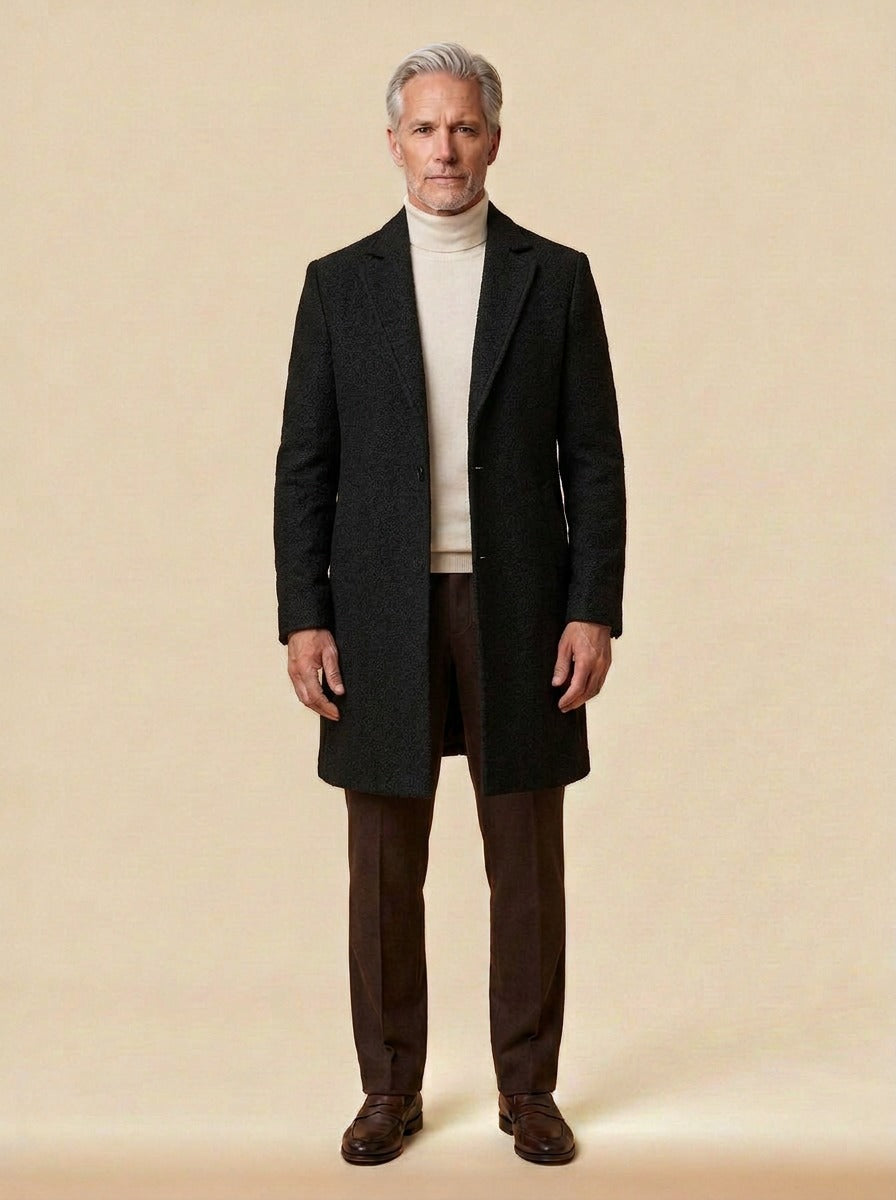 Chapman textured one button overcoat in Black, studio, Gentlemens Manor