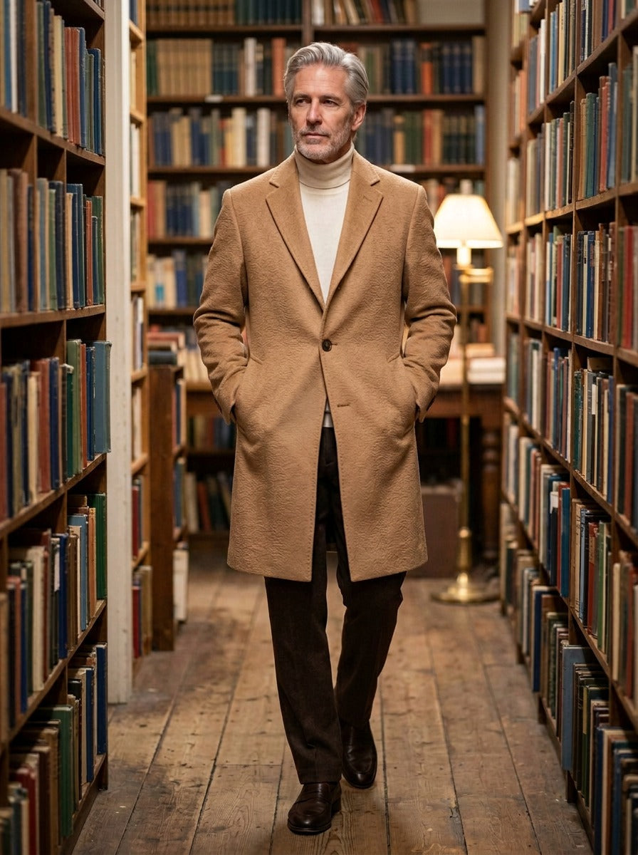Chapman textured one button overcoat in Camel, lifestyle in a secondhand bookshop, Gentlemens Manor