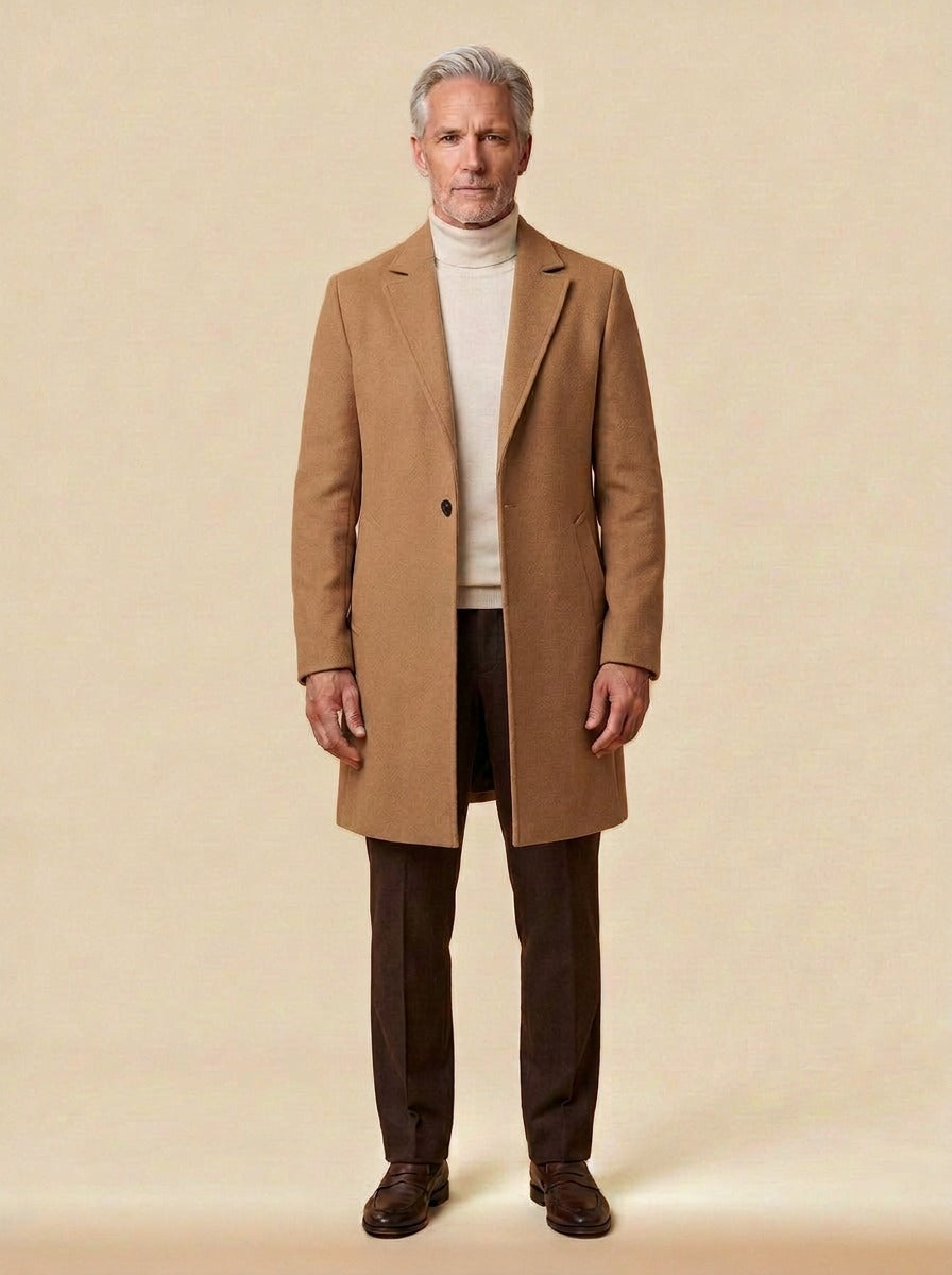 Chapman textured one button overcoat in Camel, studio, Gentlemens Manor