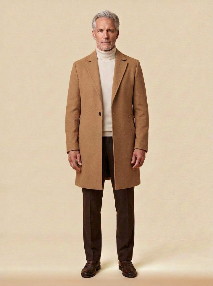 Chapman textured one button overcoat in Camel, studio, Gentlemens Manor