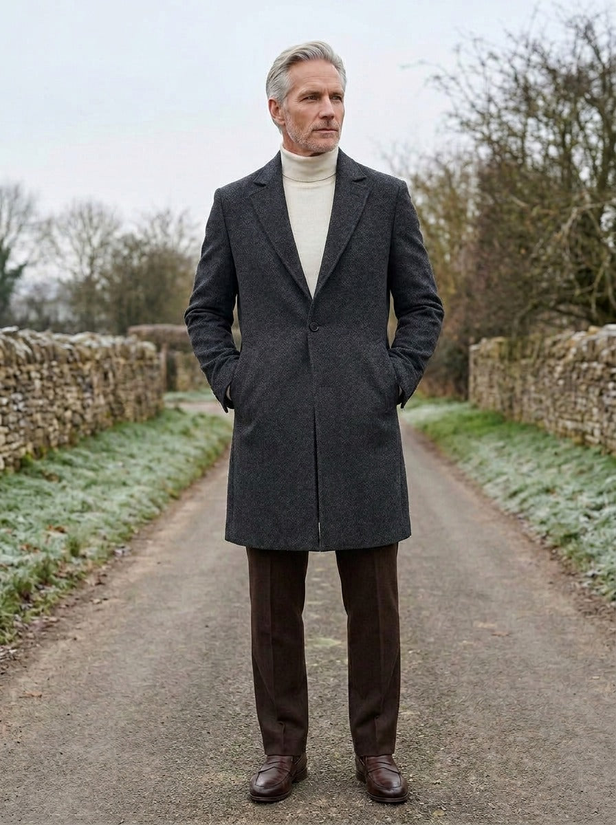 Chapman textured one button overcoat in Charcoal, lifestyle on a country lane, Gentlemens Manor