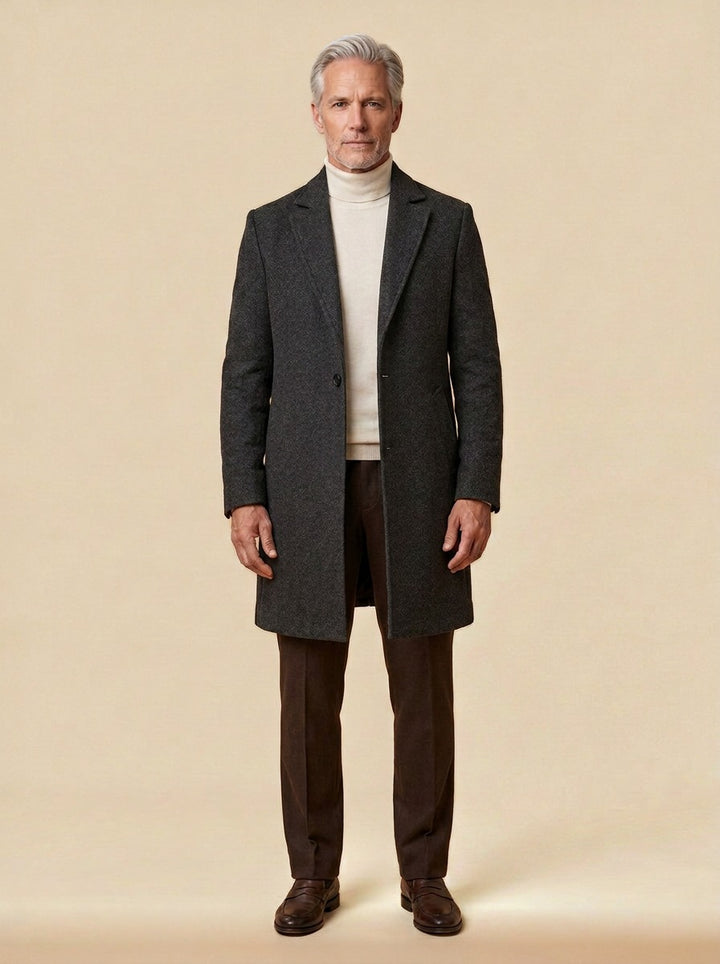 Chapman textured one button overcoat in Charcoal, studio, Gentlemens Manor