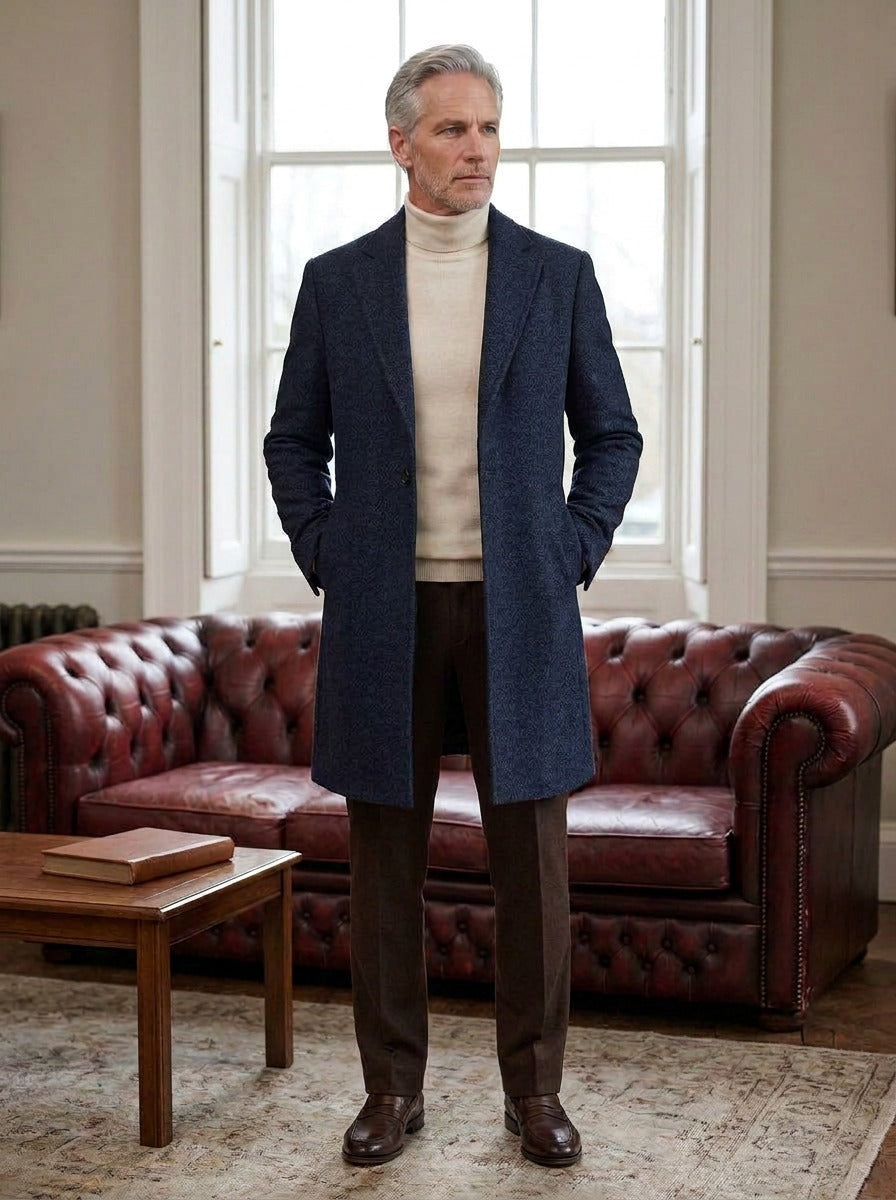 Chapman textured one button overcoat in Navy, lifestyle in a club reading room, Gentlemens Manor