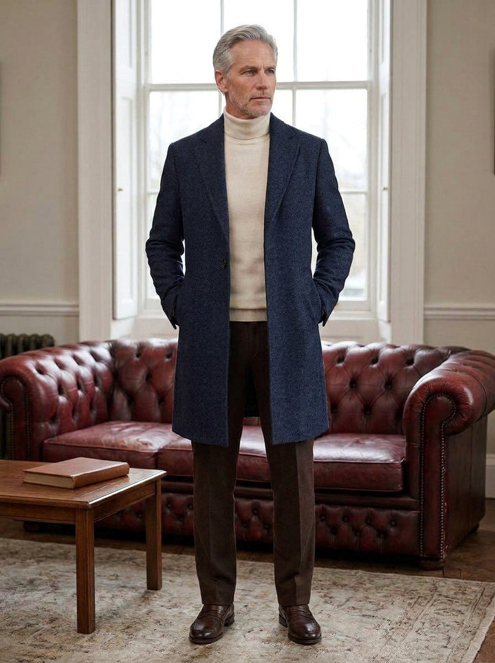 Chapman textured one button overcoat in Navy, lifestyle in a club reading room, Gentlemens Manor