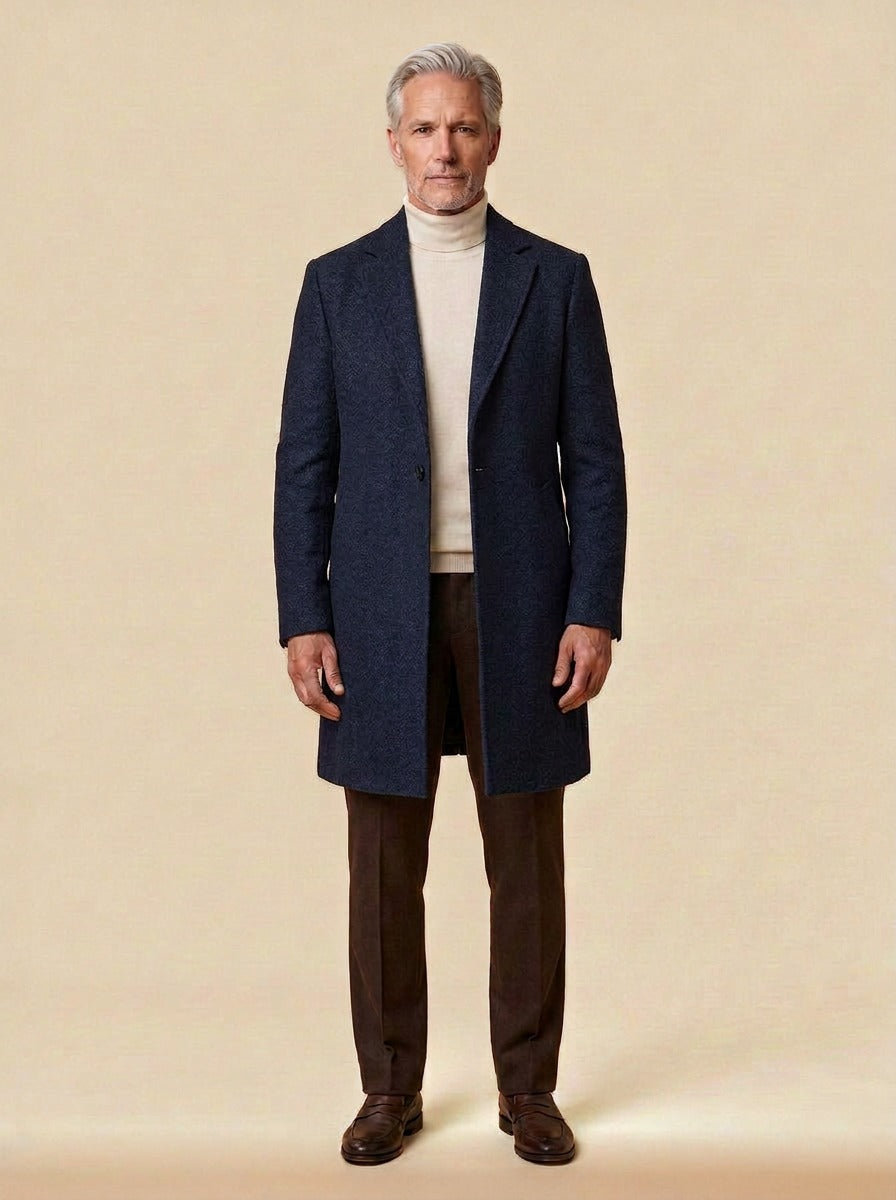 Chapman textured one button overcoat in Navy, studio, Gentlemens Manor