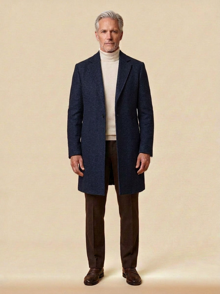Chapman textured one button overcoat in Navy, studio, Gentlemens Manor