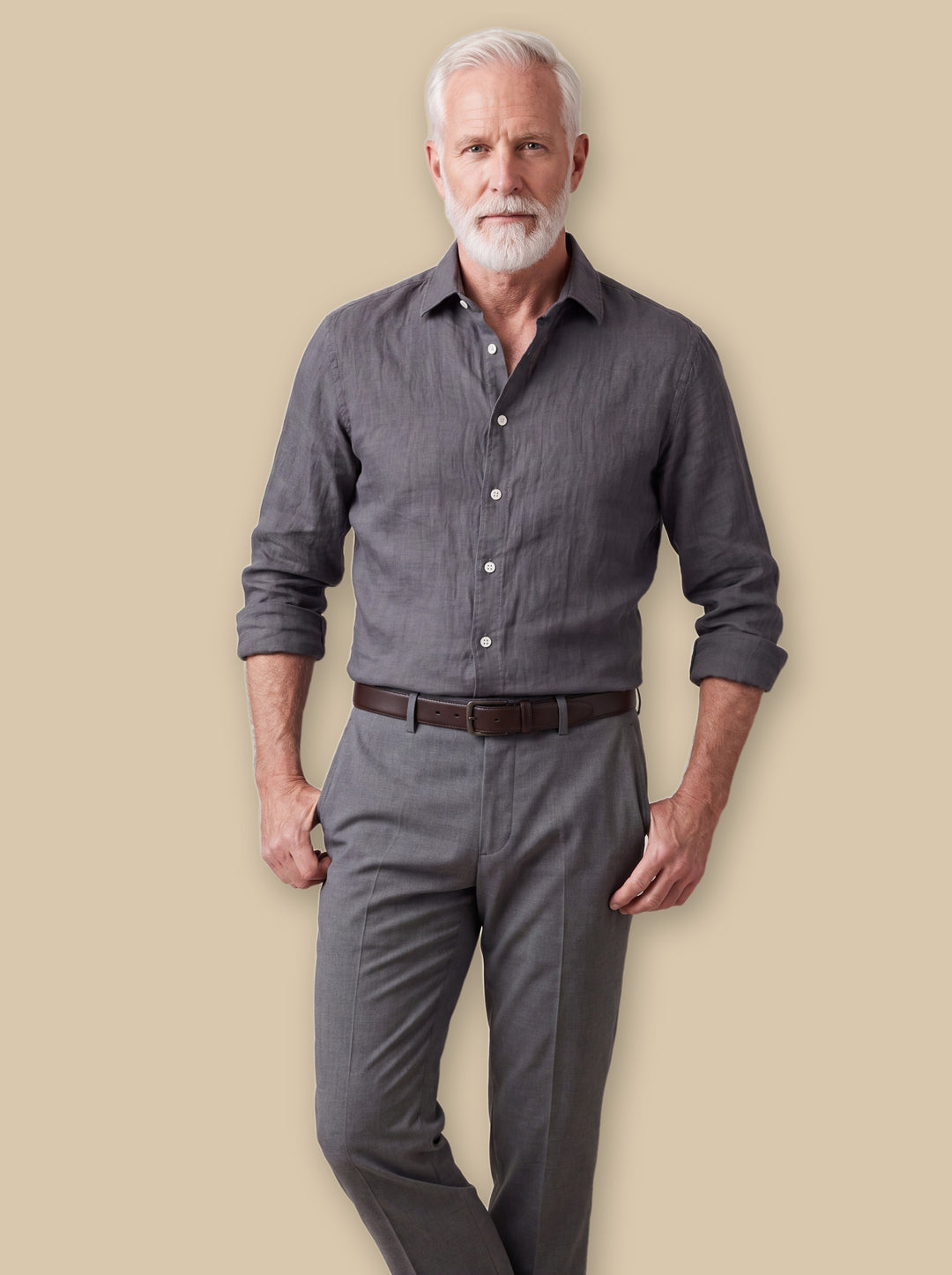Chase dress shirt in Grey, worn by a model on a warm sand studio background - Gentlemens Manor