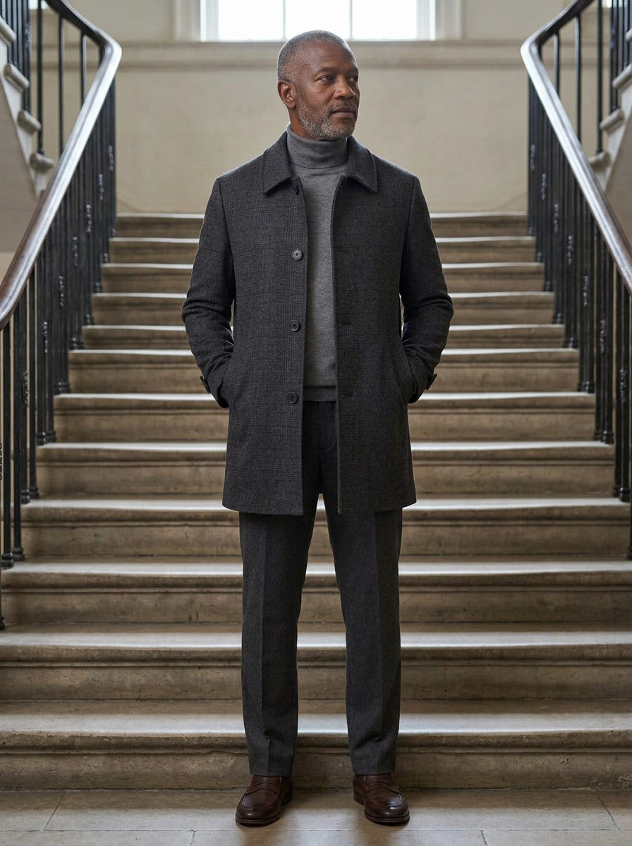 Chatham glen check car coat in Charcoal, lifestyle on a civic stone staircase, Gentlemens Manor