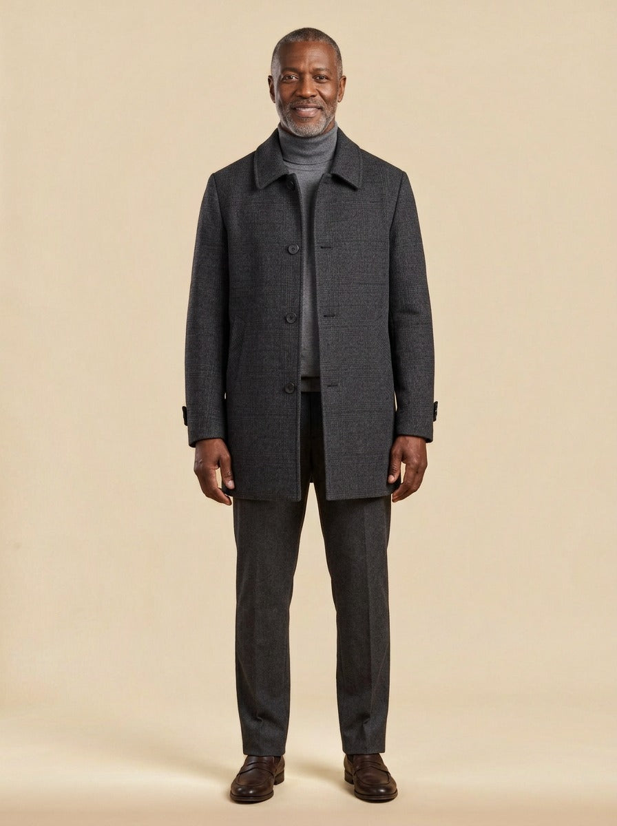 Chatham glen check car coat in Charcoal, studio, Gentlemens Manor