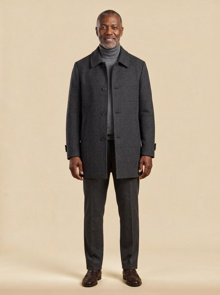 Chatham glen check car coat in Charcoal, studio, Gentlemens Manor