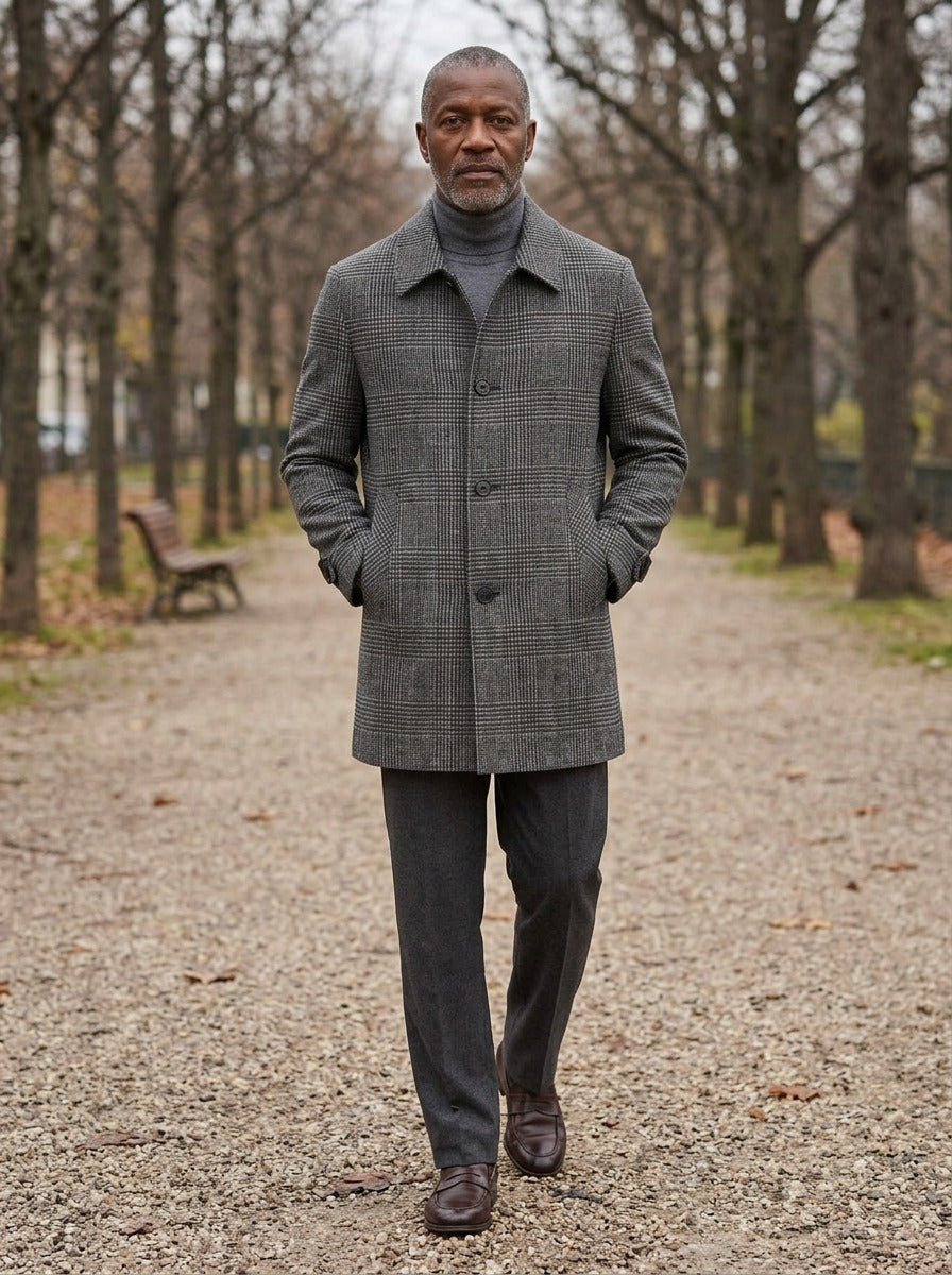 Chatham glen check car coat in Grey, lifestyle on a park path, Gentlemens Manor