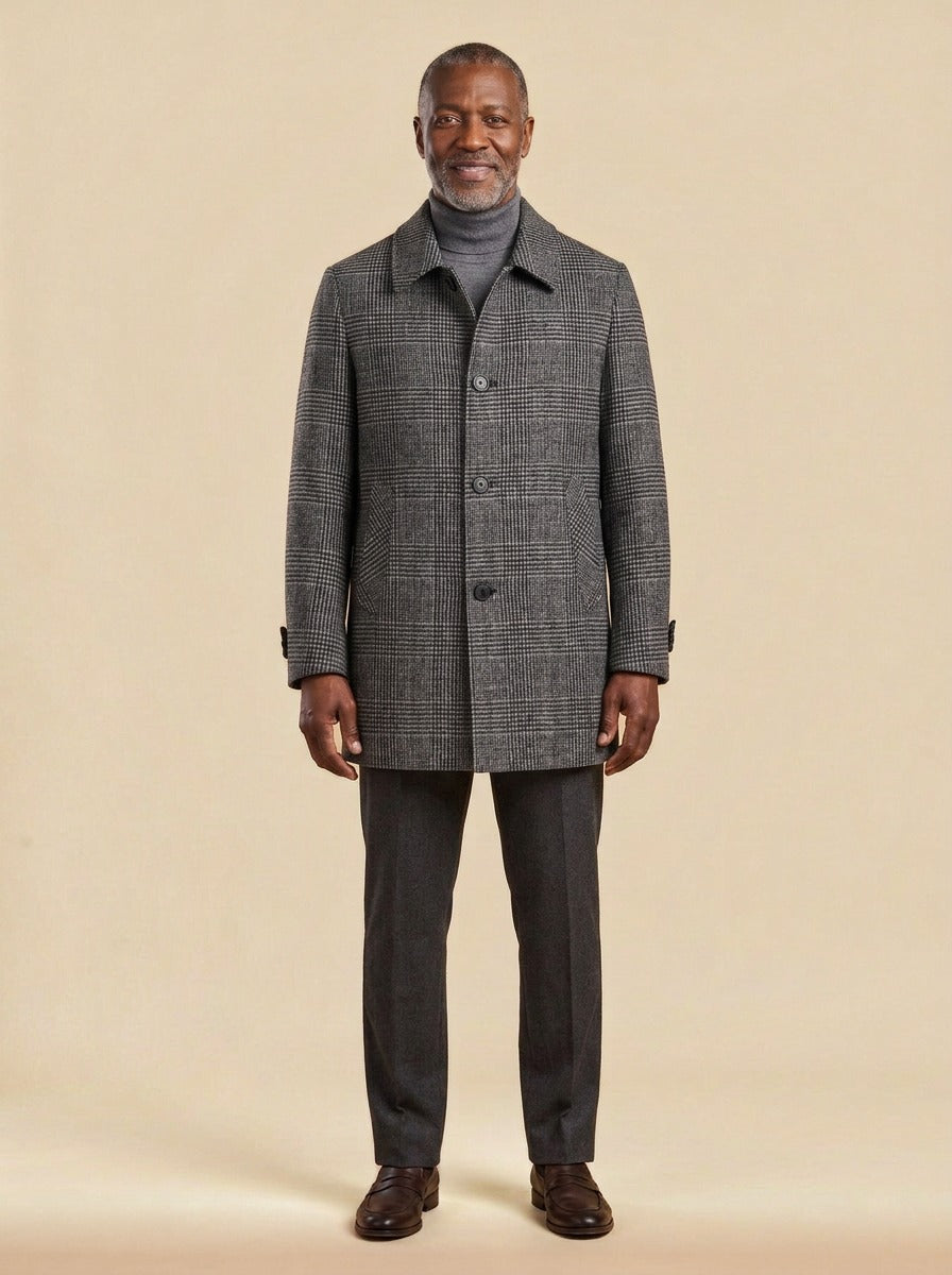 Chatham glen check car coat in Grey, studio, Gentlemens Manor