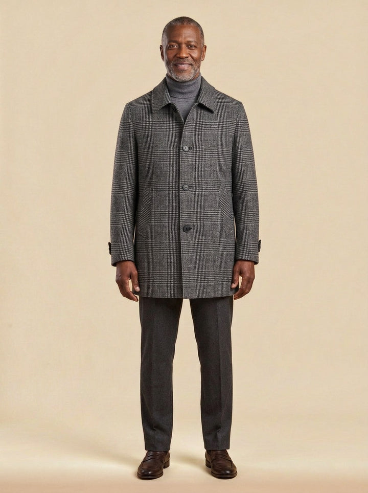Chatham glen check car coat in Grey, studio, Gentlemens Manor