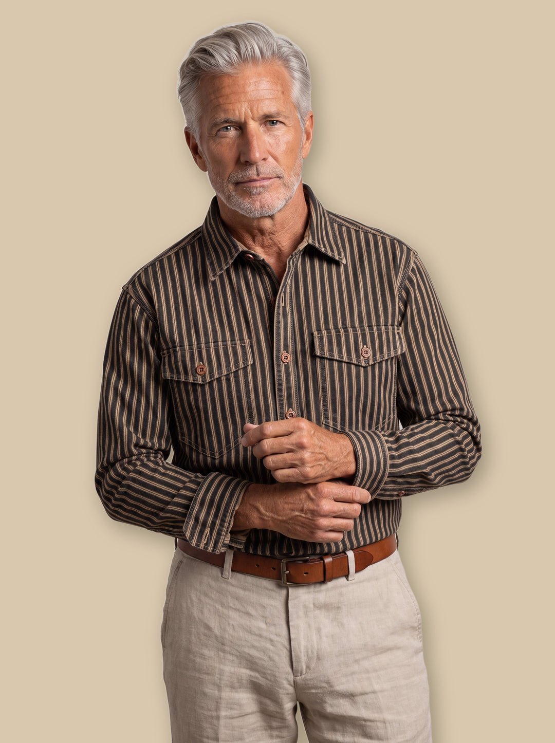 Chester casual shirt in Black, worn by a model on a warm sand studio background - Gentlemens Manor