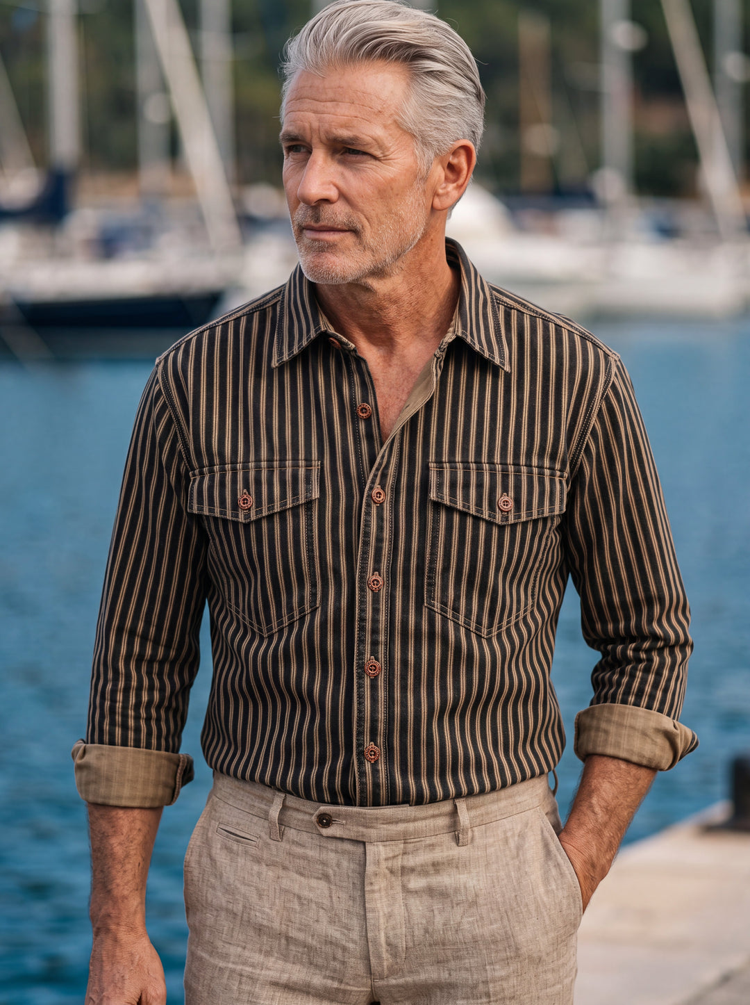 Chester shirt in Black, worn by a model in a Mediterranean setting - Gentlemens Manor lifestyle
