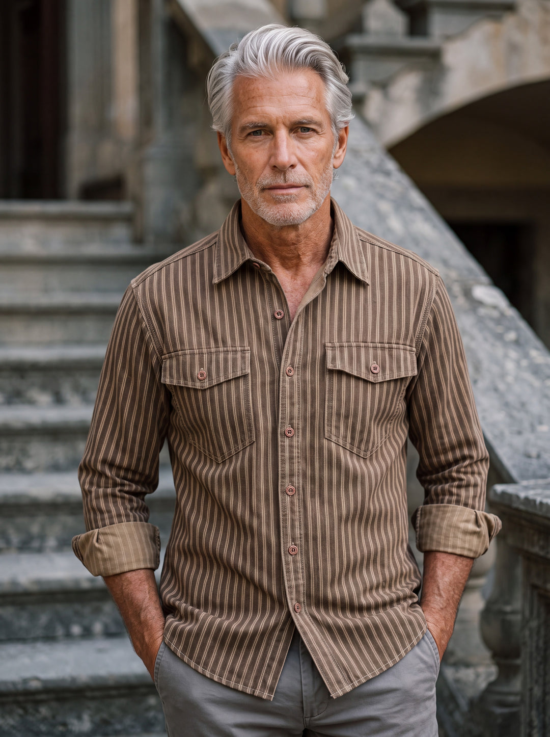 Chester shirt in Brown, worn by a model in a Mediterranean setting - Gentlemens Manor lifestyle