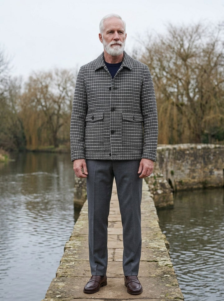 Chesterton houndstooth jacket in Grey, lifestyle on a stone footbridge, Gentlemens Manor
