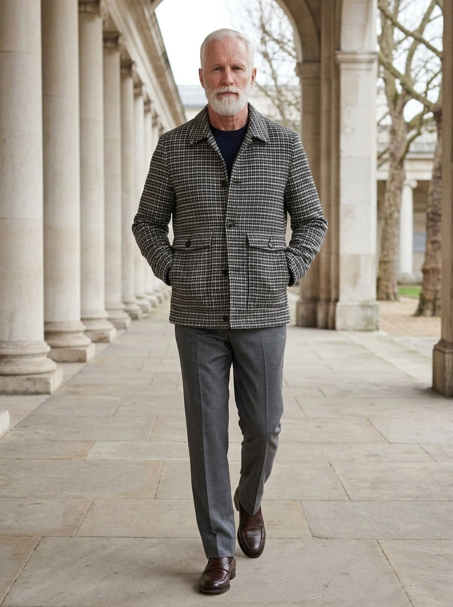 Chesterton houndstooth jacket in Grey, lifestyle in a stone colonnade, Gentlemens Manor