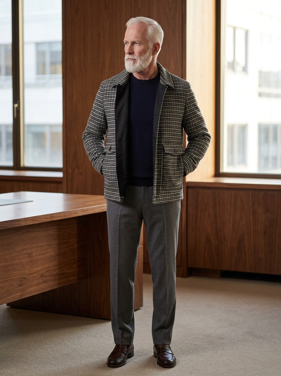Chesterton houndstooth jacket in Grey, lifestyle in a timber paneled office, Gentlemens Manor