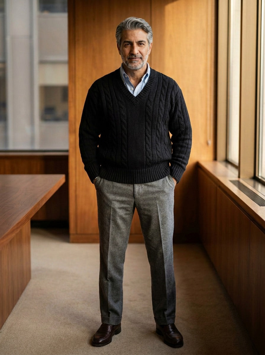 Chilton cable knit v neck sweater in Black, lifestyle in a timber paneled office, Gentlemens Manor
