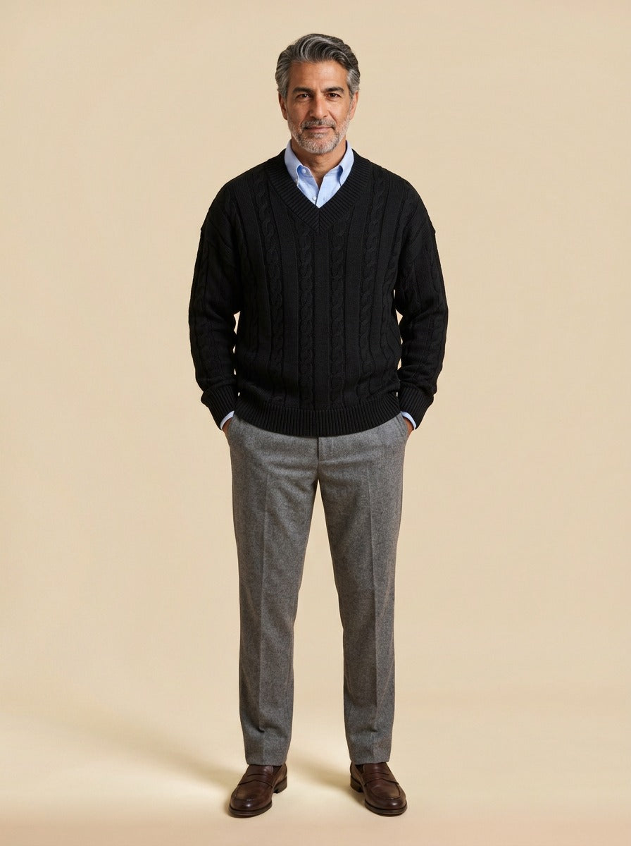 Chilton cable knit v neck sweater in Black, studio, Gentlemens Manor