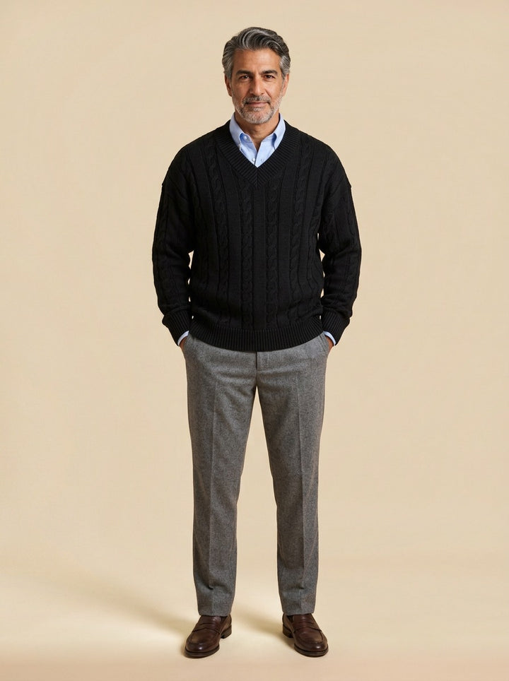 Chilton cable knit v neck sweater in Black, studio, Gentlemens Manor