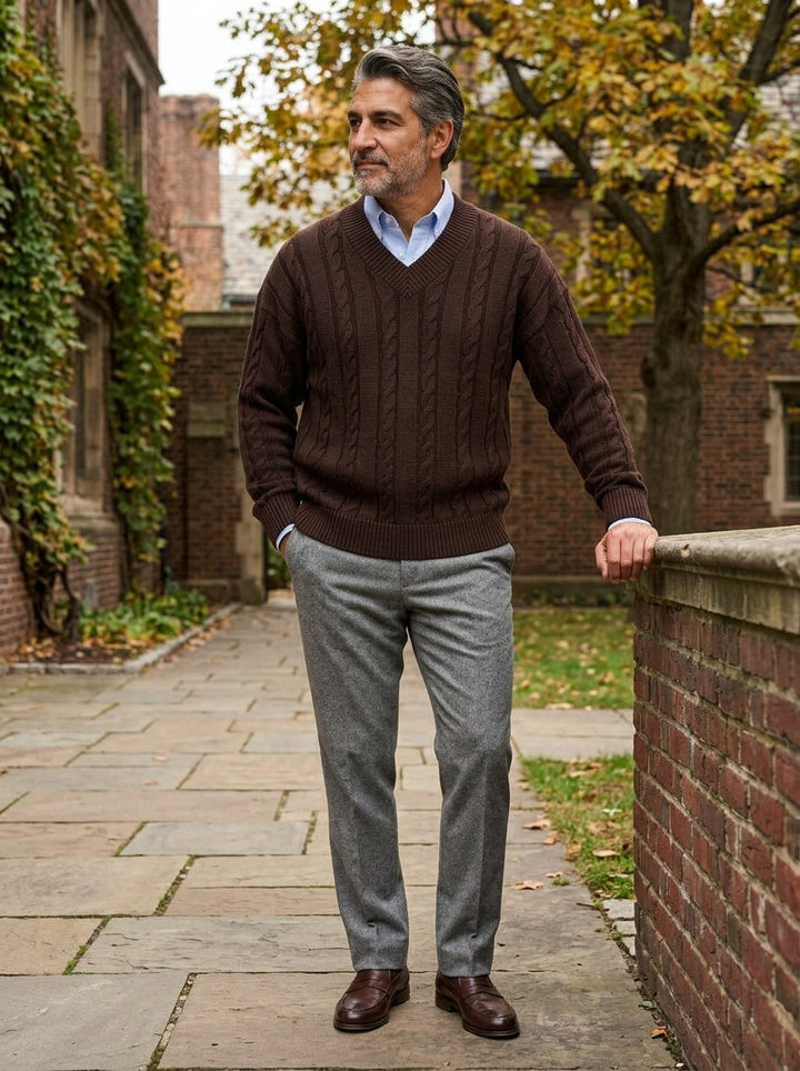 Chilton cable knit v neck sweater in Brown, lifestyle in a brick college courtyard, Gentlemens Manor