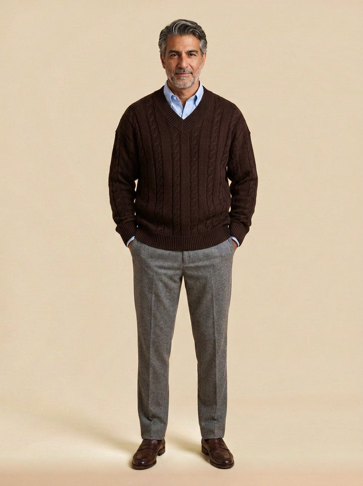 Chilton cable knit v neck sweater in Brown, studio, Gentlemens Manor