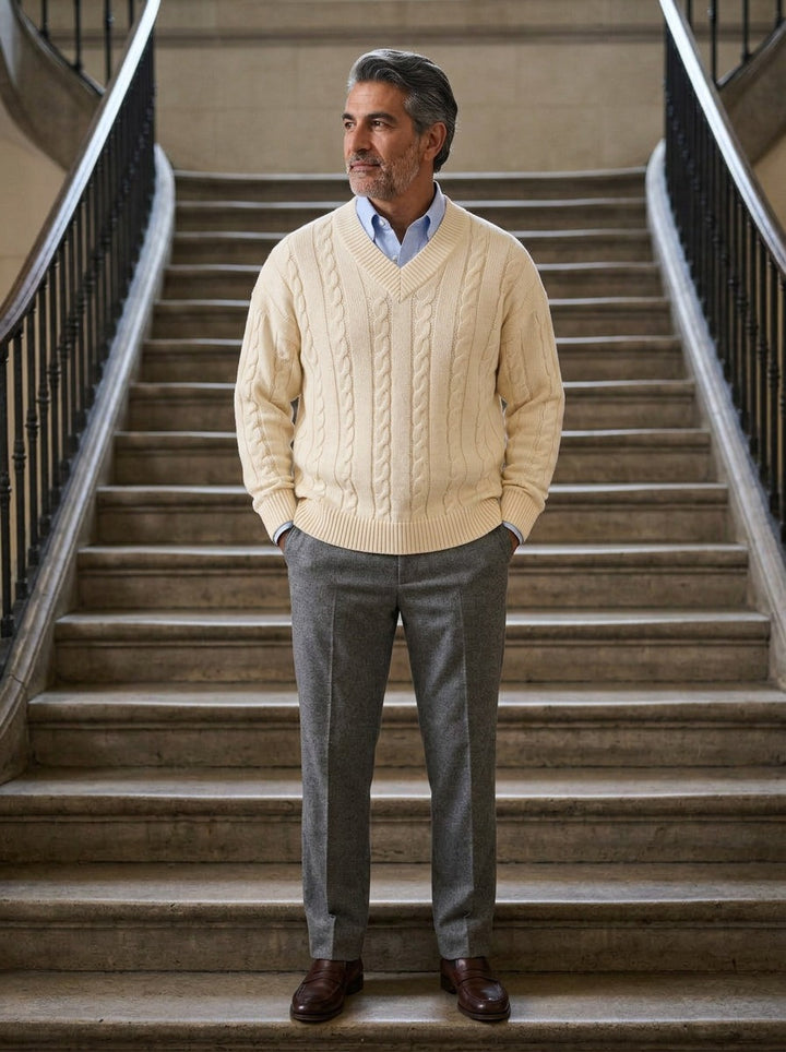Chilton cable knit v neck sweater in Cream, lifestyle on a civic stone staircase, Gentlemens Manor
