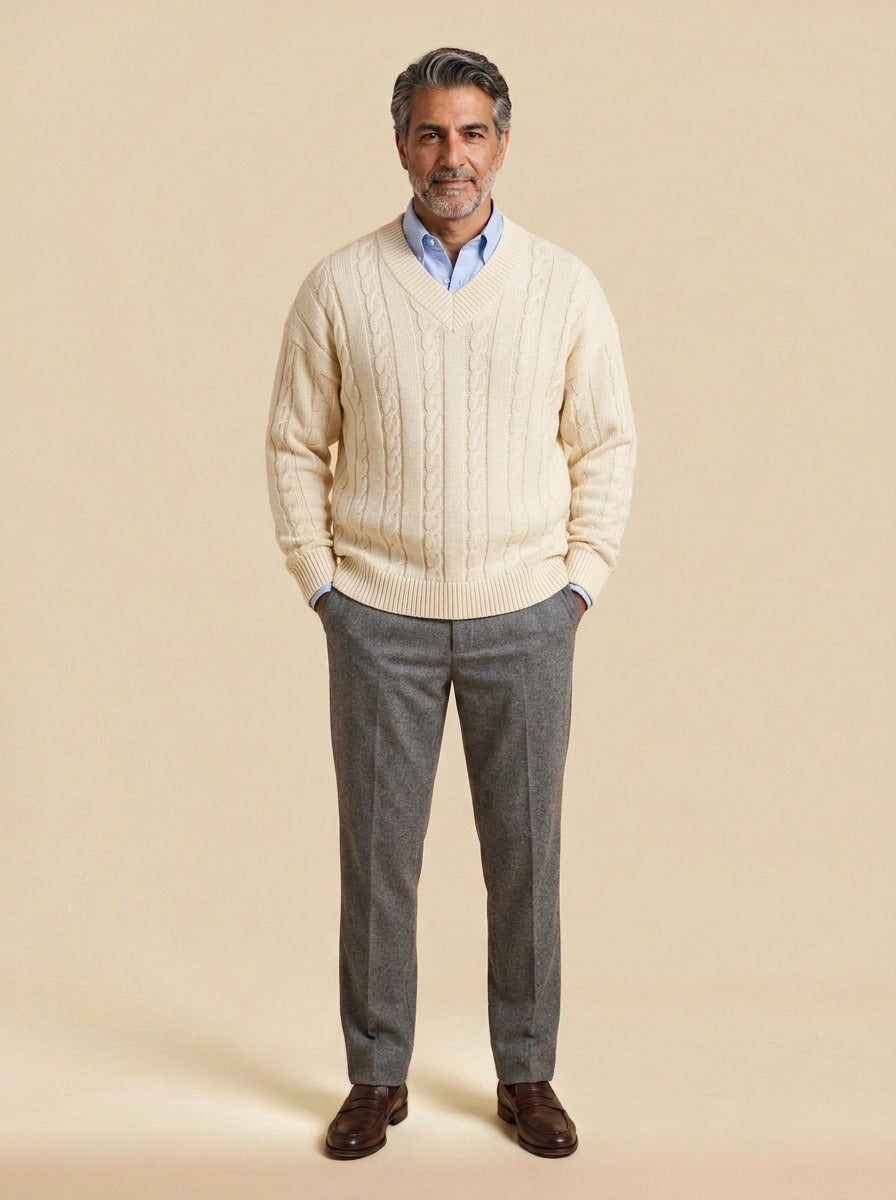 Chilton cable knit v neck sweater in Cream, studio, Gentlemens Manor