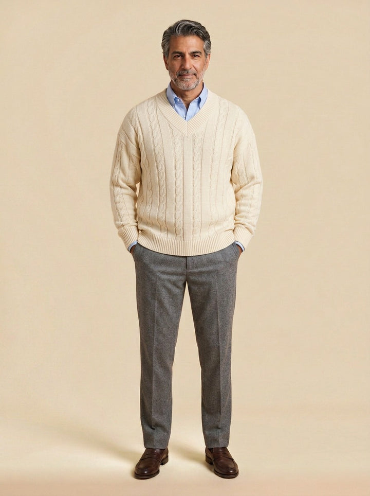 Chilton cable knit v neck sweater in Cream, studio, Gentlemens Manor