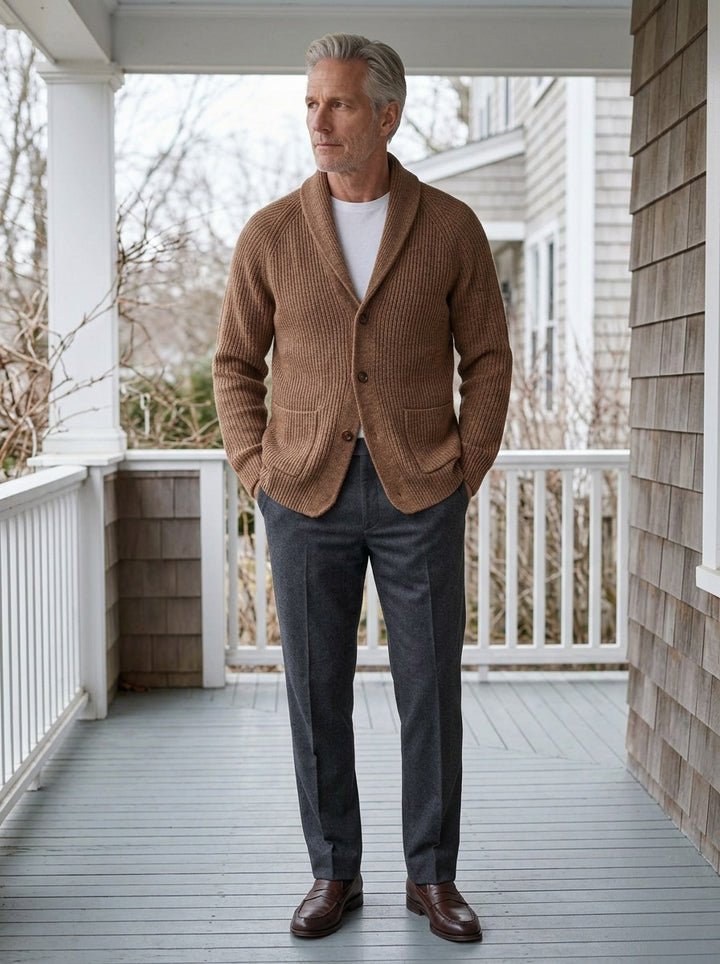 Claiborne shawl collar cardigan in Brown, lifestyle on a covered porch, Gentlemens Manor