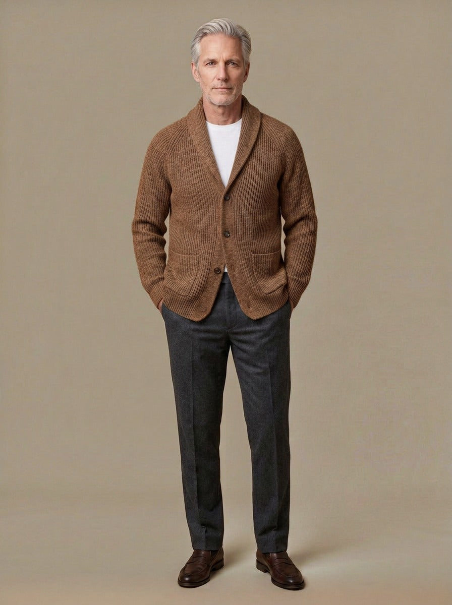 Claiborne shawl collar cardigan in Brown, studio, Gentlemens Manor