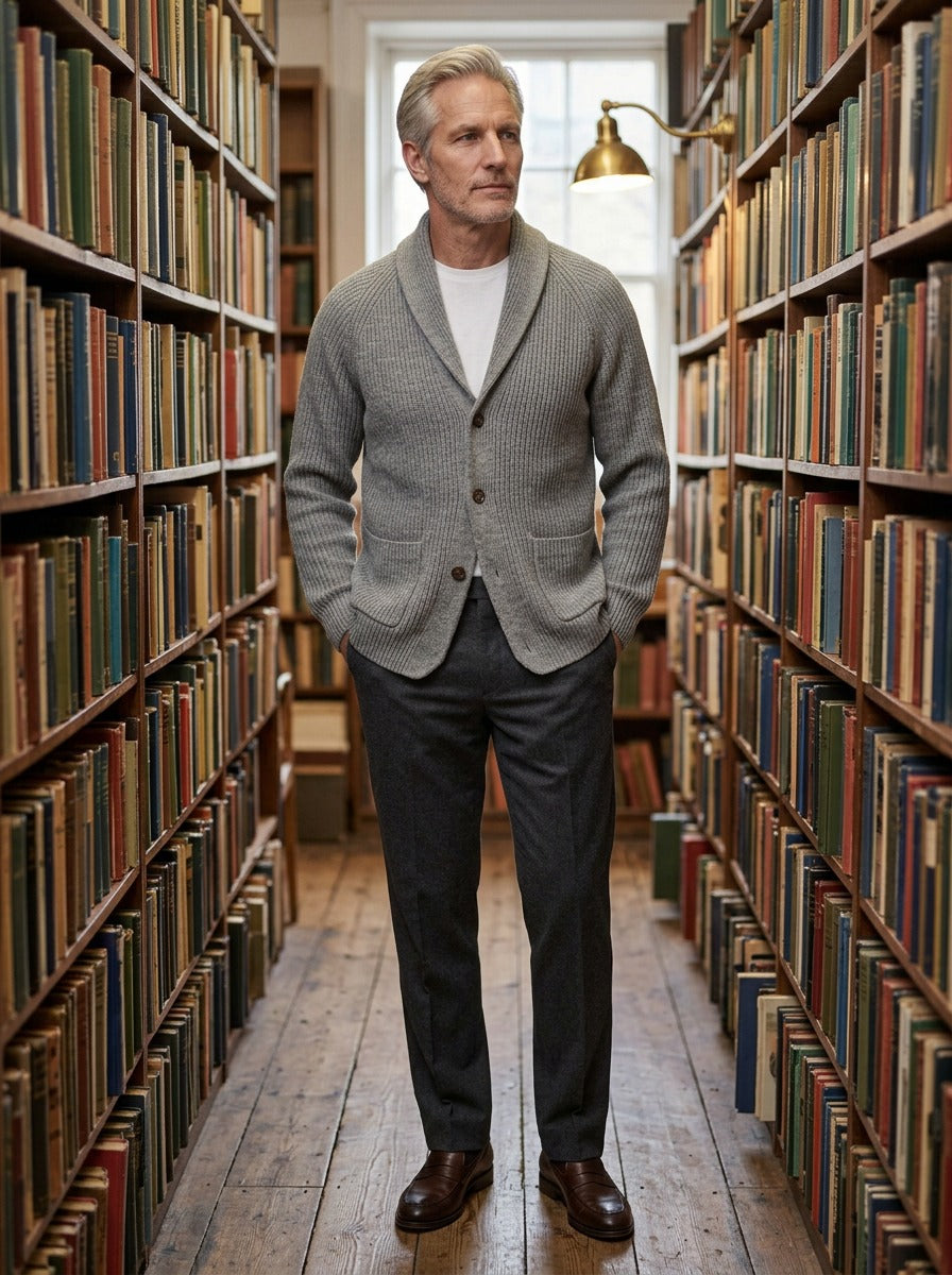 Claiborne shawl collar cardigan in Grey, lifestyle in a secondhand bookshop, Gentlemens Manor