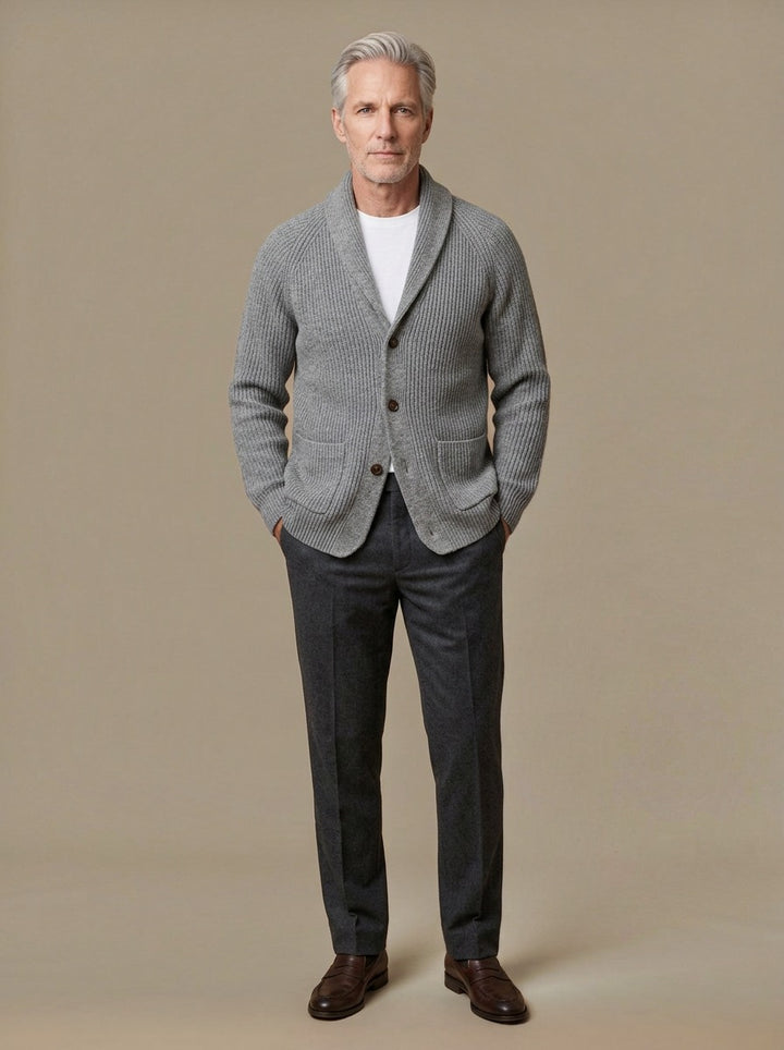 Claiborne shawl collar cardigan in Grey, studio, Gentlemens Manor