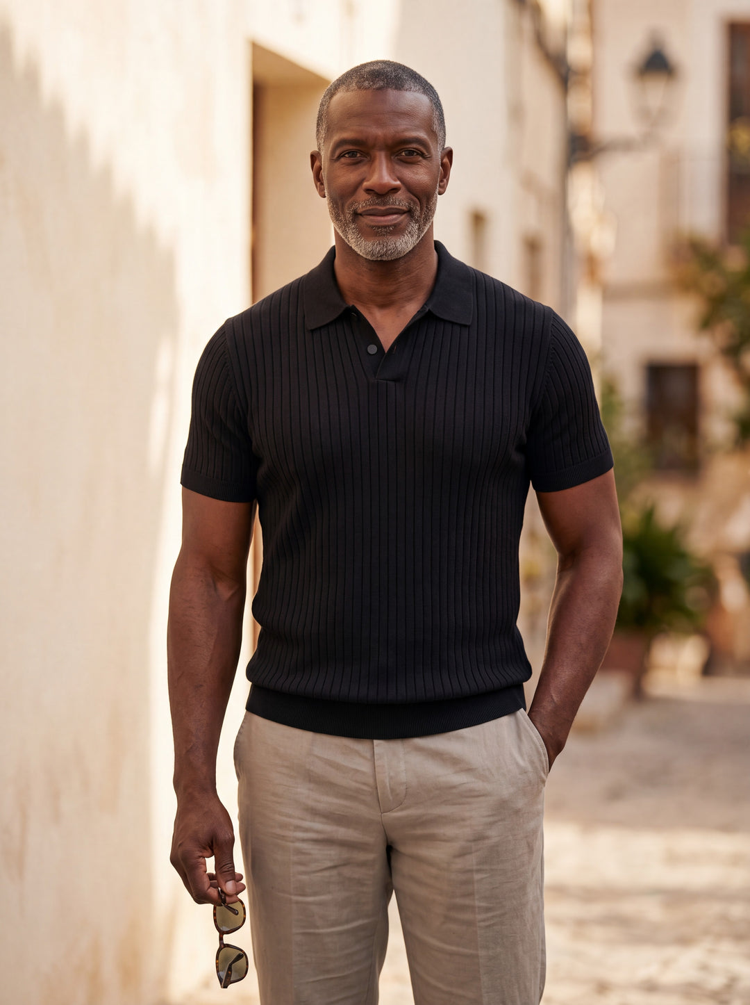 Clarence Men polo shirt in black, worn by a model on a Mediterranean terrace - Gentlemens Manor lifestyle