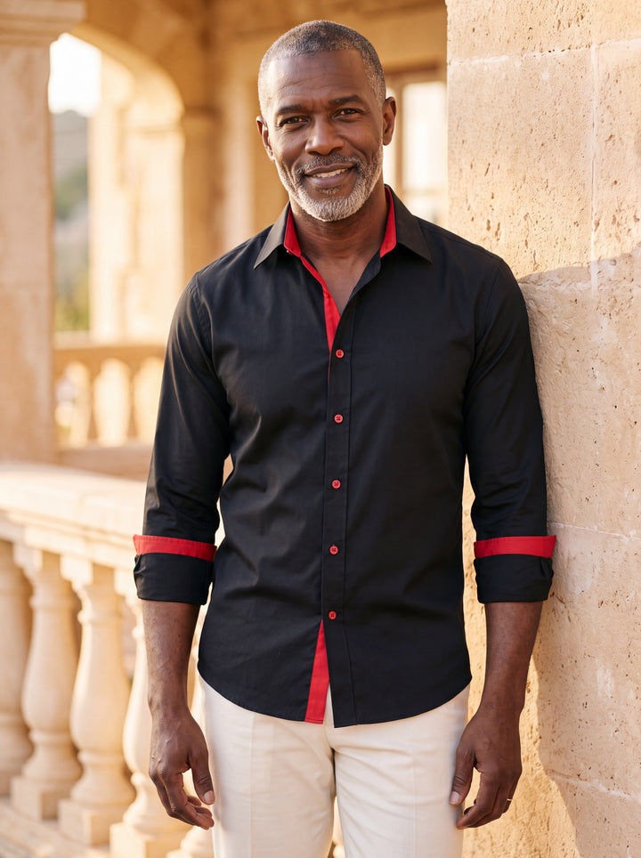 Clark shirt in Black/Red, worn by a model in a Mediterranean setting - Gentlemens Manor lifestyle