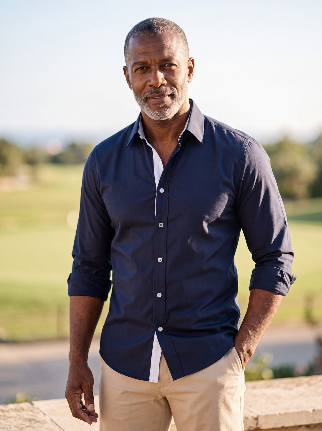 Clark shirt in Navy, worn by a model in a Mediterranean setting - Gentlemens Manor lifestyle