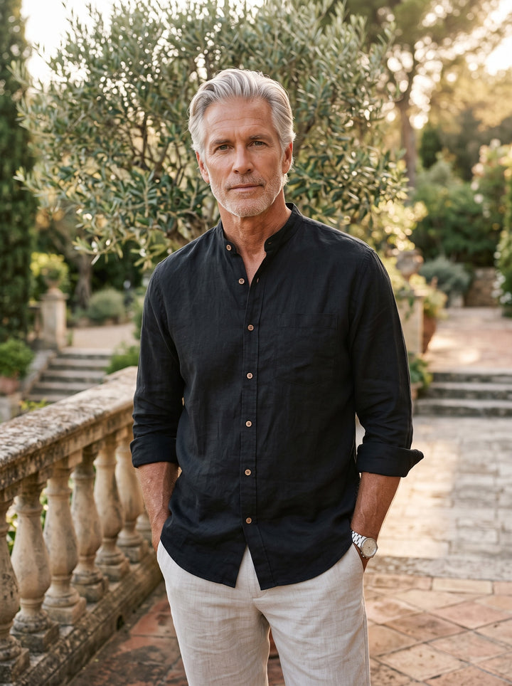 Clayton band collar linen shirt in Black, lifestyle, Gentlemens Manor