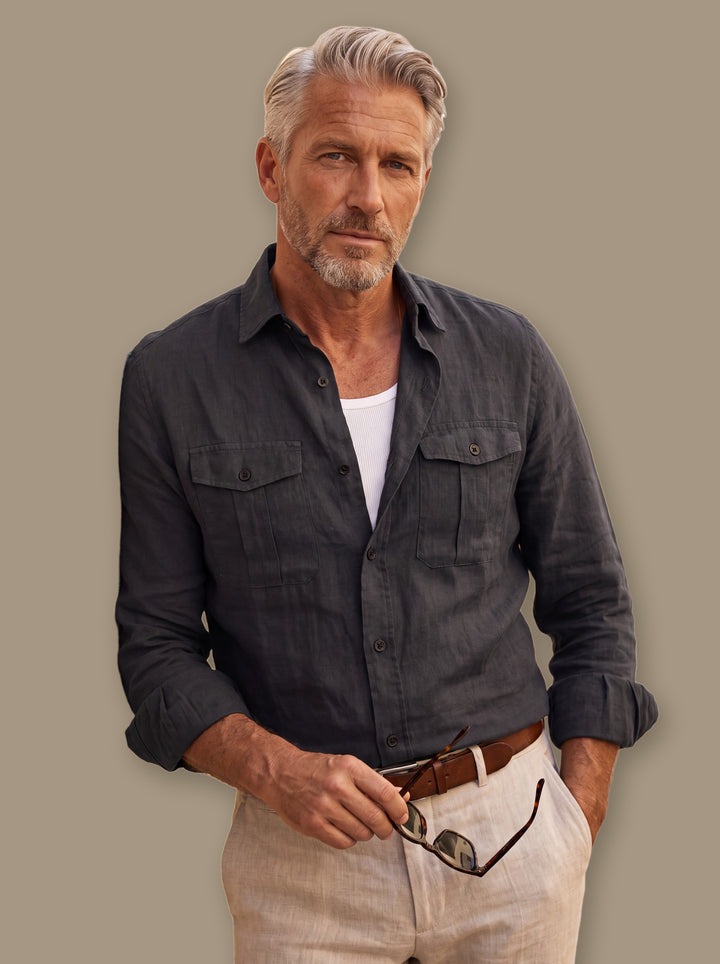 Clayton linen shirt in Black, studio - Gentlemens Manor